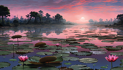 A tranquil lotus pond reflecting the colors of a summer sunset.