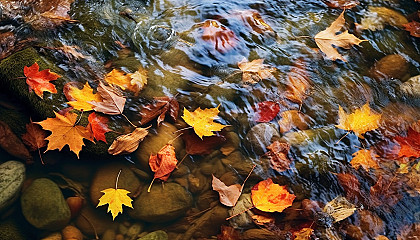 Brightly colored autumn leaves floating down a stream.