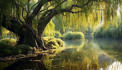 A tranquil pond reflecting a beautiful, old weeping willow.