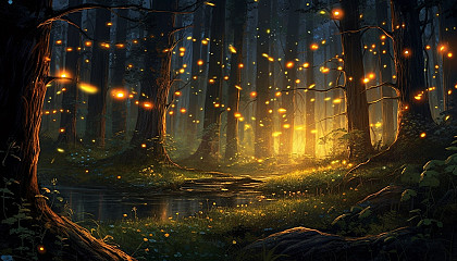 Fireflies twinkling at dusk in a quiet forest.