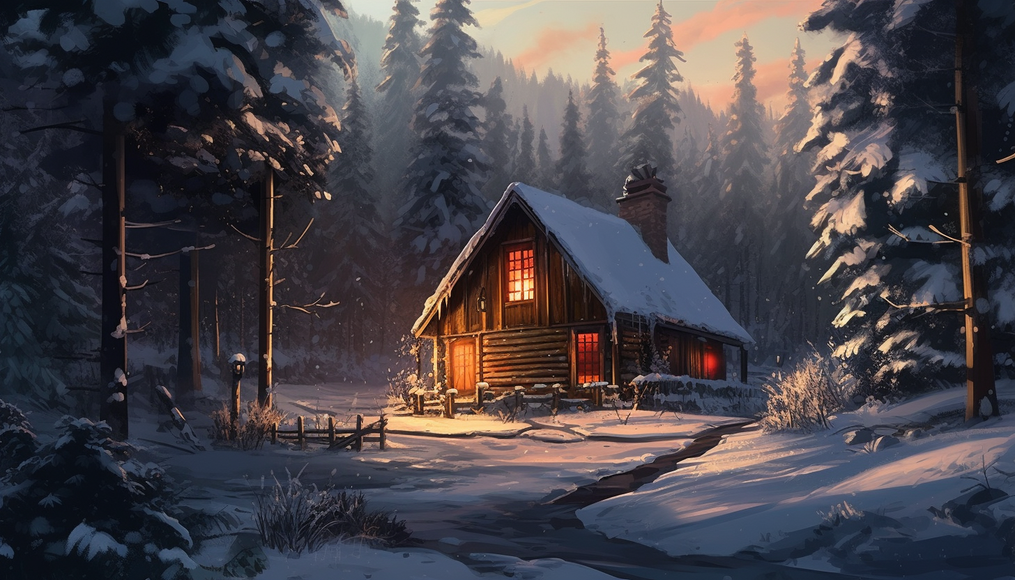 A quiet, snowy scene featuring a cabin nestled among evergreens.