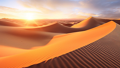 Sand dunes rippling under the glow of a setting sun.