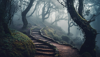 A winding path disappearing into a forest shrouded in fog.