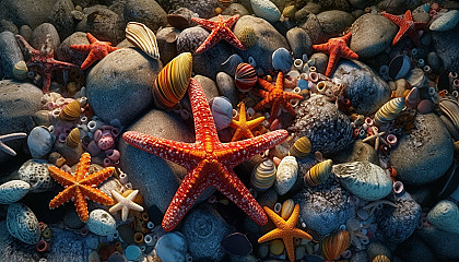 A colony of vibrant starfish on a rocky seashore.