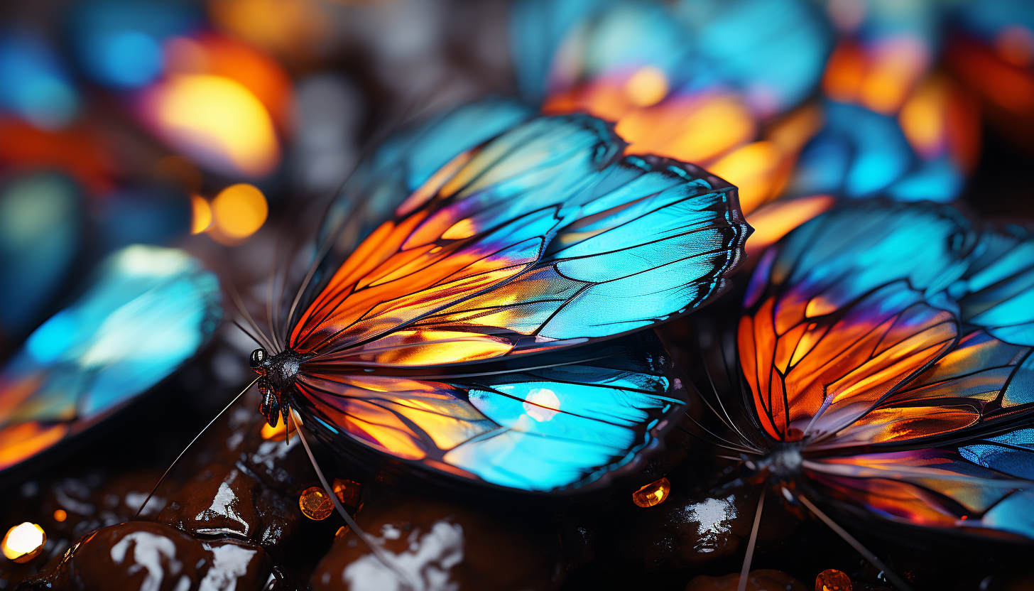 Detailed textures of vibrant butterfly wings under a macro lens.