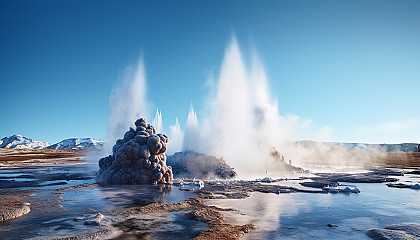 Majestic geysers erupting under a clear blue sky.