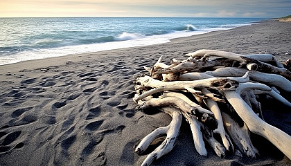 Sun-bleached driftwood scattered along a sandy beach.