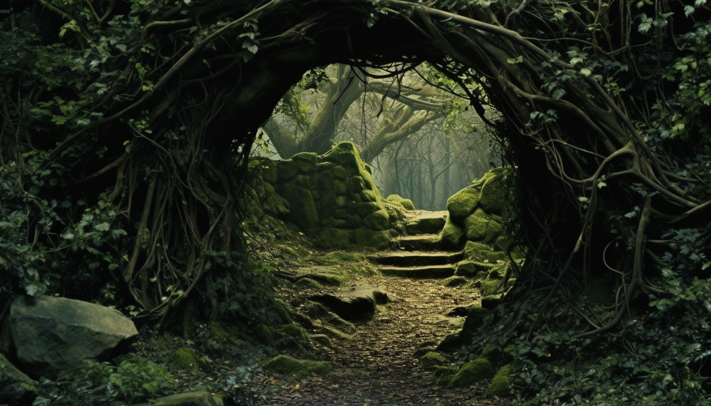 A mysterious cave entrance obscured by overgrown vines.