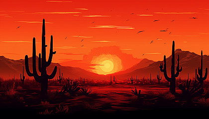 Silhouettes of cacti against a fiery desert sunset.