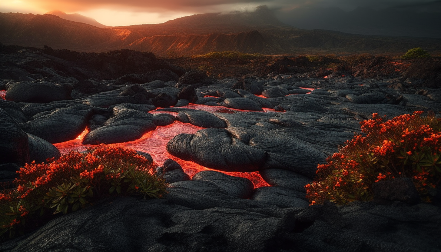 Volcanic landscapes featuring fiery lava flows and unique geological formations.