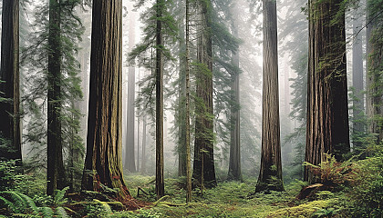 Majestic redwood trees towering in a forest grove.