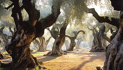 A grove of ancient, gnarled olive trees.