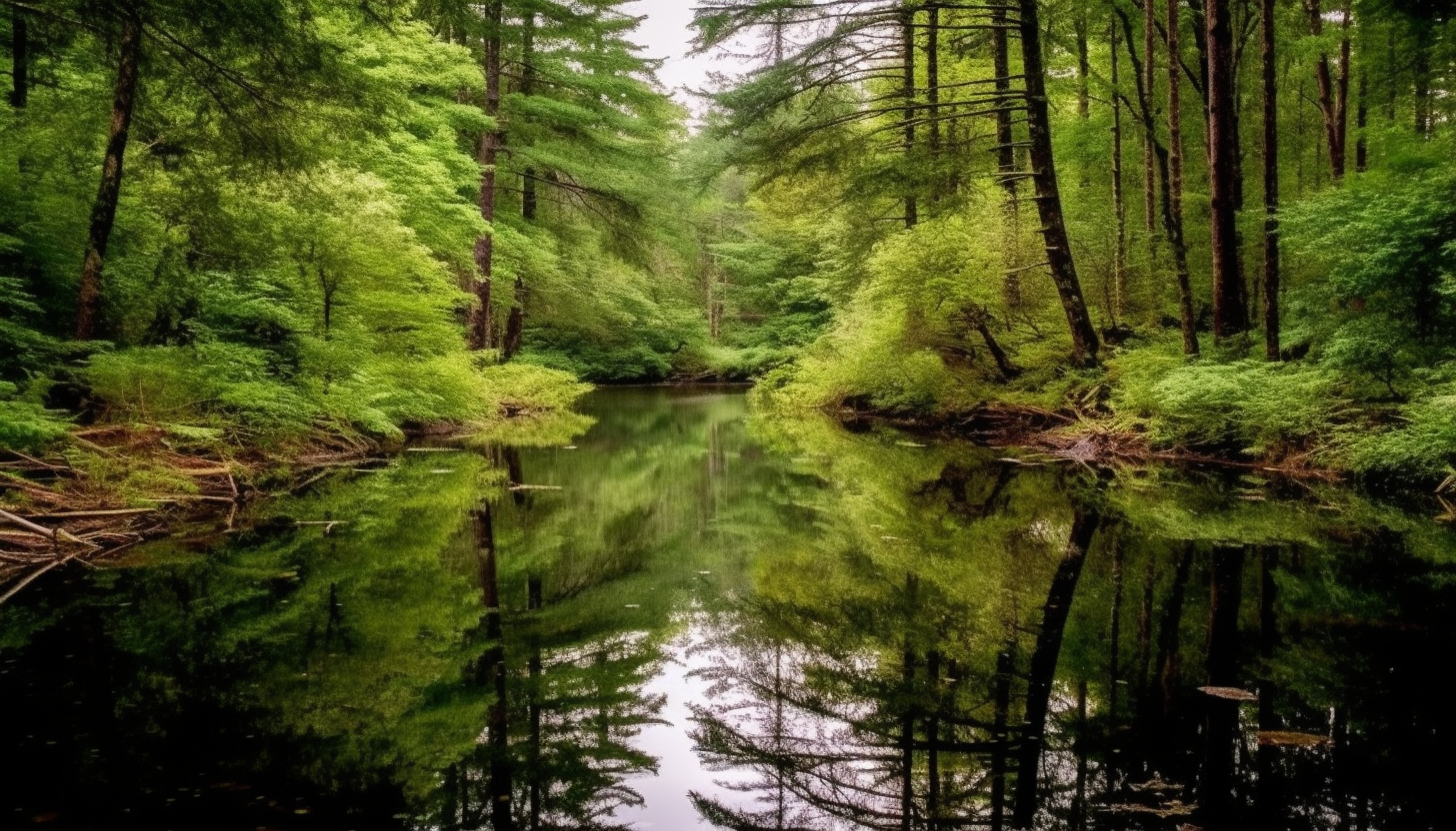 A quiet pond reflecting a perfect mirror image of the surrounding forest.