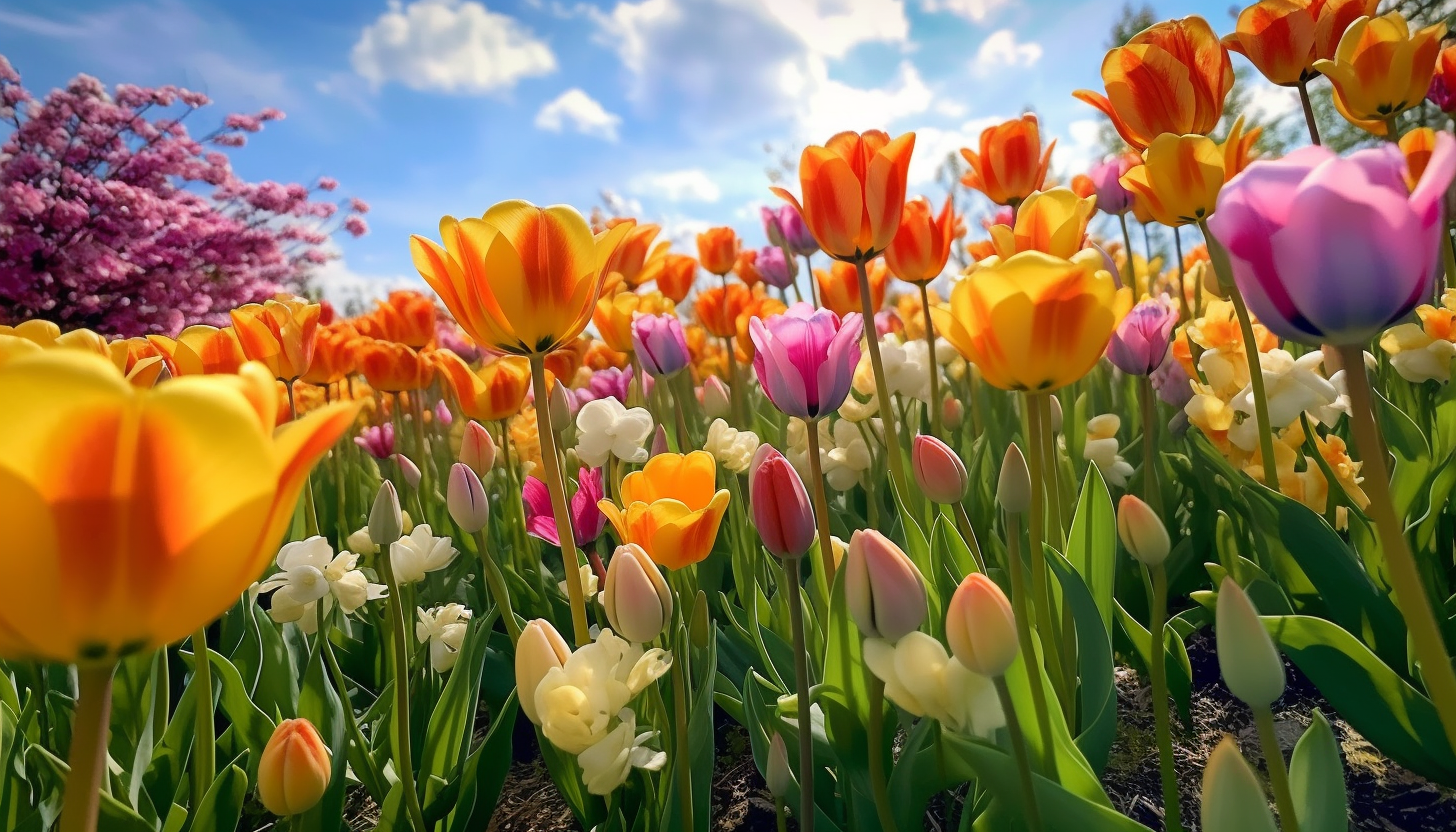 A cluster of vibrant tulips in a spring field.