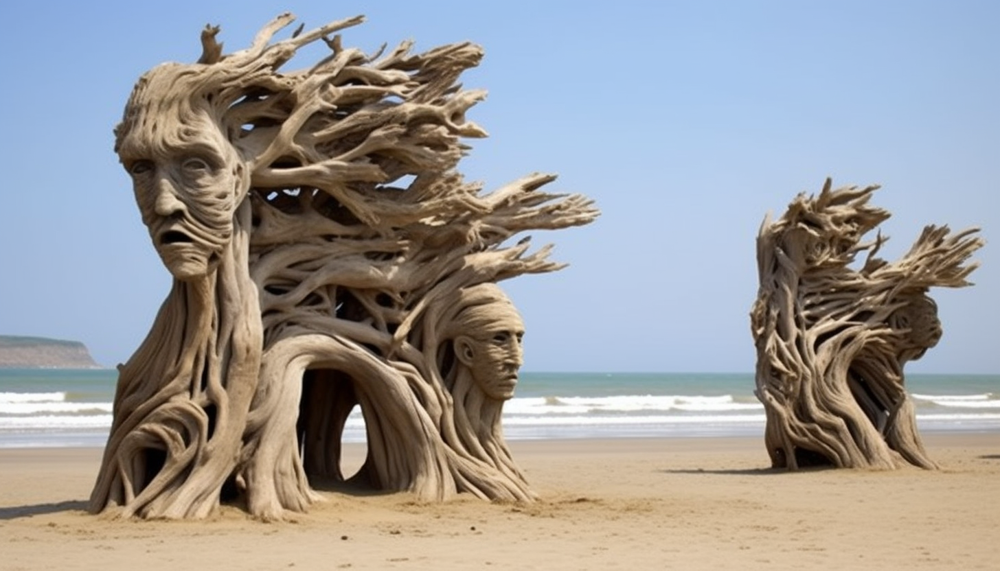 Driftwood sculptures naturally formed on a sandy beach.