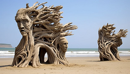 Driftwood sculptures naturally formed on a sandy beach.