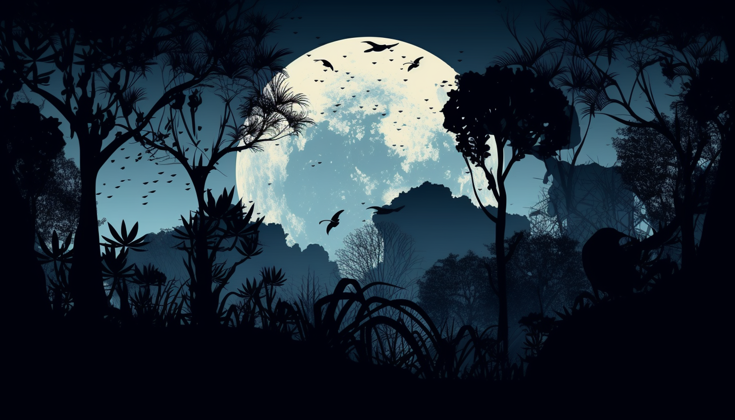 Moonlit nights with silhouettes of plants, animals, or natural structures.