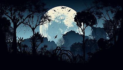 Moonlit nights with silhouettes of plants, animals, or natural structures.