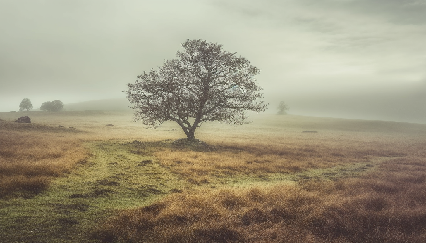 A lone tree standing in a misty, open field.