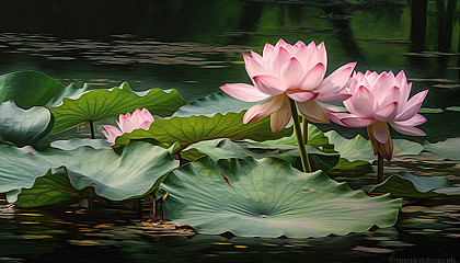 Lotus flowers blooming in a tranquil pond.