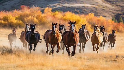 Wild horses galloping freely across open prairies.
