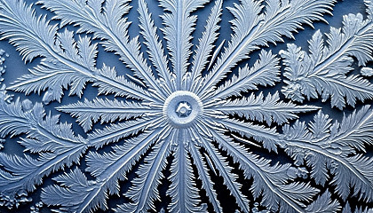 The intricate design of a frost pattern on a window.