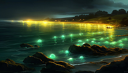 Glowing plankton illuminating a gentle shoreline at night.