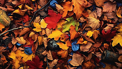 Brilliantly colored autumn leaves blanketing a forest floor.