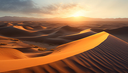 A sea of sand dunes glowing under a setting sun.