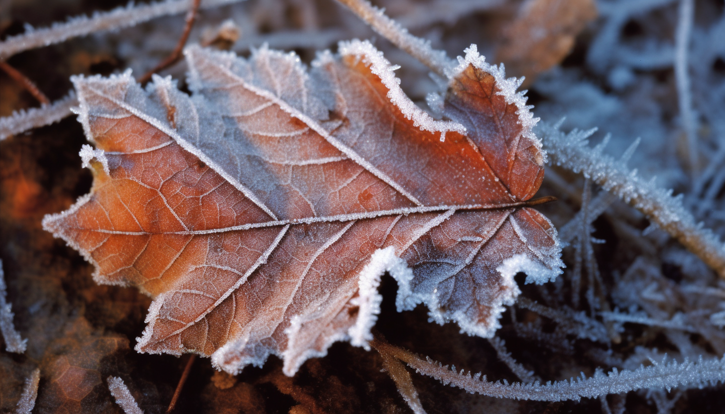 A delicate frost pattern on a leaf in the early morning.