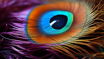 A macro shot of a vibrant peacock feather with all its iridescent colors.