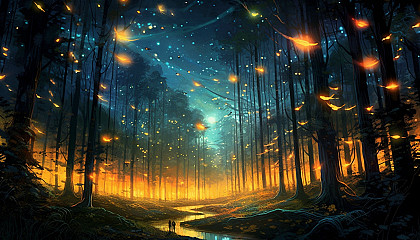 Luminous fireflies creating a spectacle in a twilight forest.