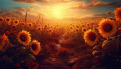 A field of vibrant sunflowers turning towards the sun.