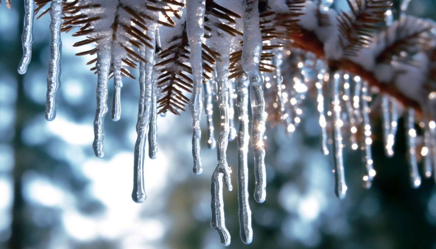 Crystalline icicles hanging from a snow-covered pine.