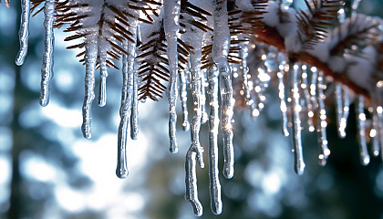 Crystalline icicles hanging from a snow-covered pine.