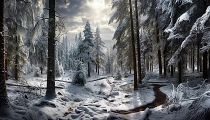 Silent snowfall over a tranquil pine forest.