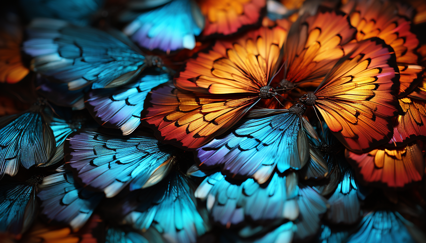 Patterns and textures of a brightly colored butterfly's wings.