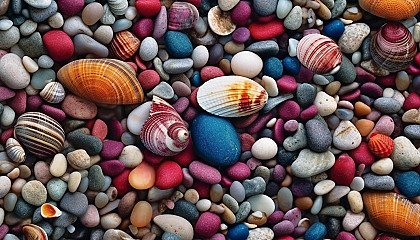 Brightly colored pebbles and seashells lining a sandy beach.
