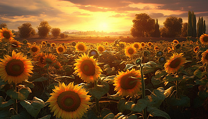 A field of sunflowers turning towards the morning sun.