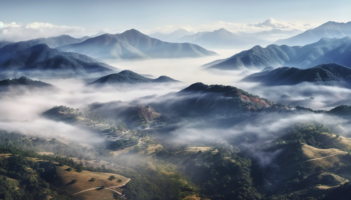 Misty valleys with low-lying clouds nestled between mountain ranges.