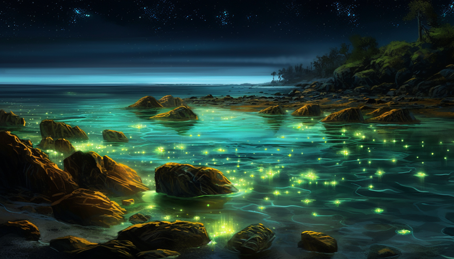 Glowing plankton illuminating a gentle shoreline at night.