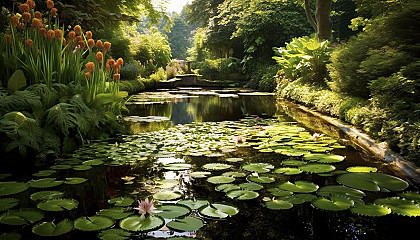 A tranquil pond filled with water lilies in a secluded garden.