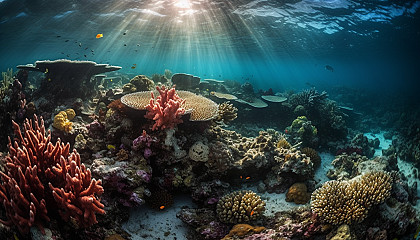 Underwater scenes featuring vibrant coral reefs and diverse marine life.