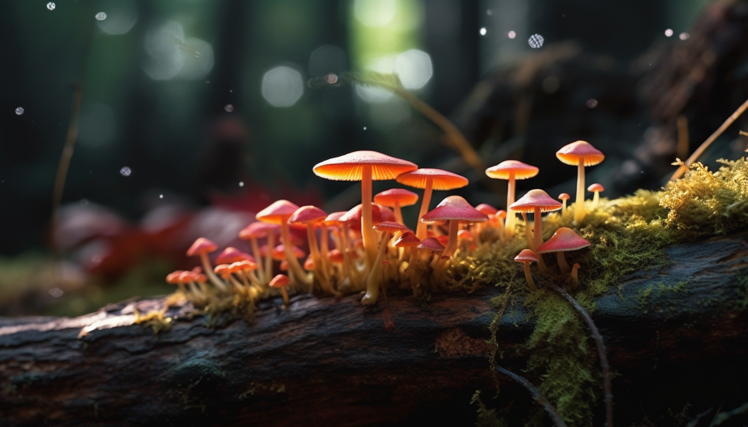 Brightly colored fungi growing on an old log in a forest.