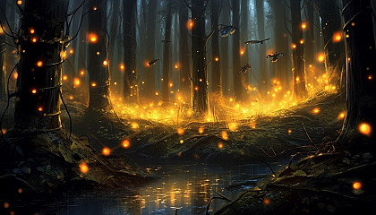 A cluster of fireflies illuminating a dark forest with their gentle glow.