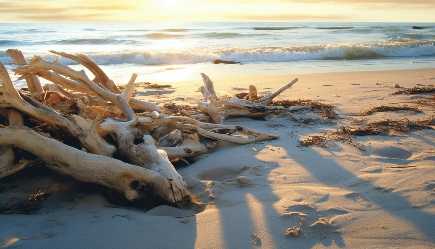 Sun-bleached driftwood scattered along a sandy beach.