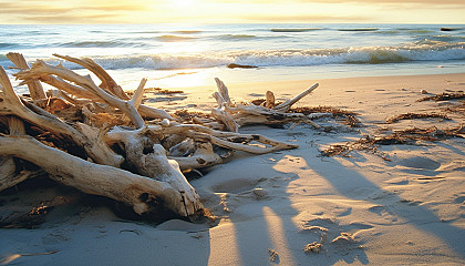 Sun-bleached driftwood scattered along a sandy beach.