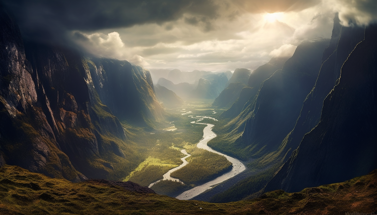 A dramatic view of a valley from a mountain pass.