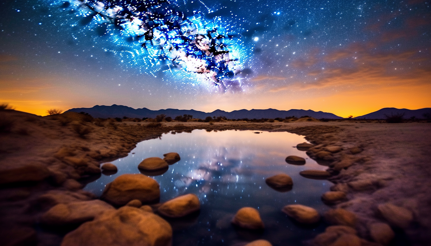 A night sky filled with stars over a tranquil desert landscape.