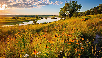 Patches of vibrant wildflowers in a prairie landscape.